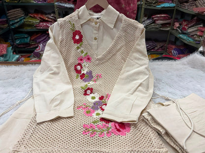 Cotton Shefali 3-Piece Co-ord Set with Floral Embroidery