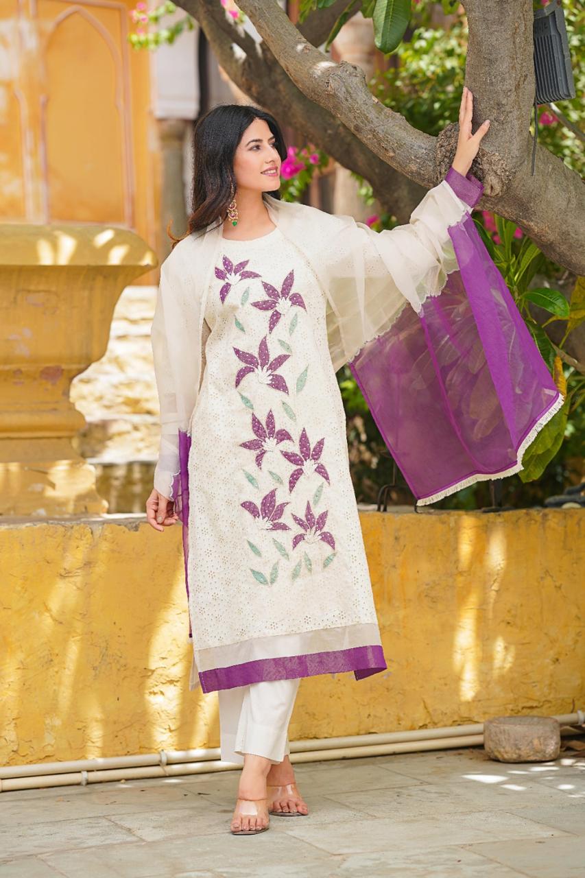 Cotton Shifley A-Line Kurta Set with Lining, Pant & Organza Dupatta