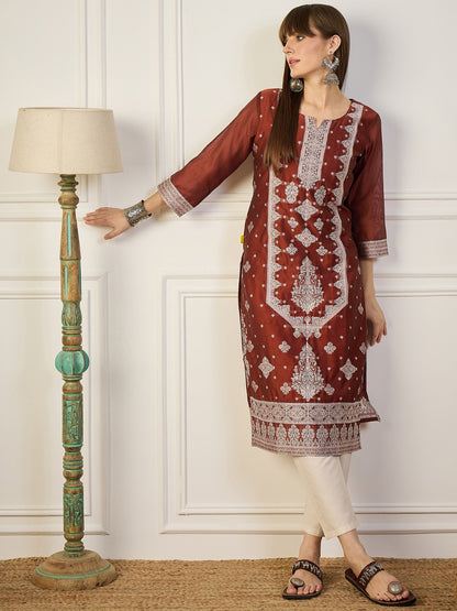 Cotton Silk Blend Straight Kurta with 3/4 Sleeves for Women