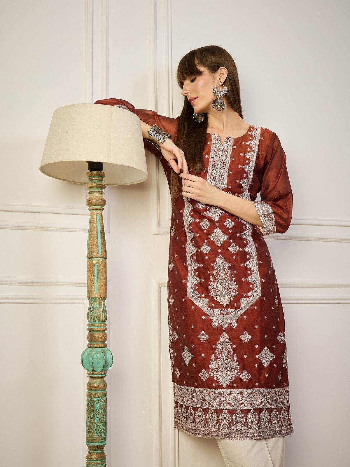 Cotton Silk Blend Straight Kurta with 3/4 Sleeves for Women