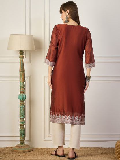 Cotton Silk Blend Straight Kurta with 3/4 Sleeves for Women
