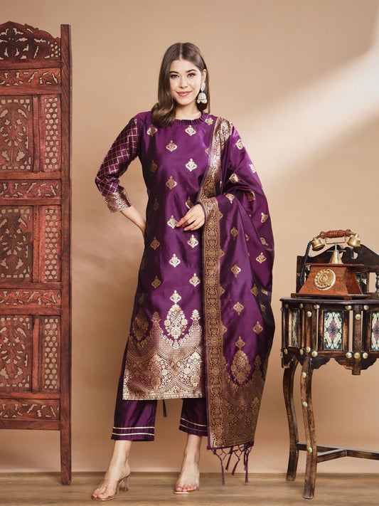 Cotton Silk Kurta Pant Set with Banarasi Silk Dupatta