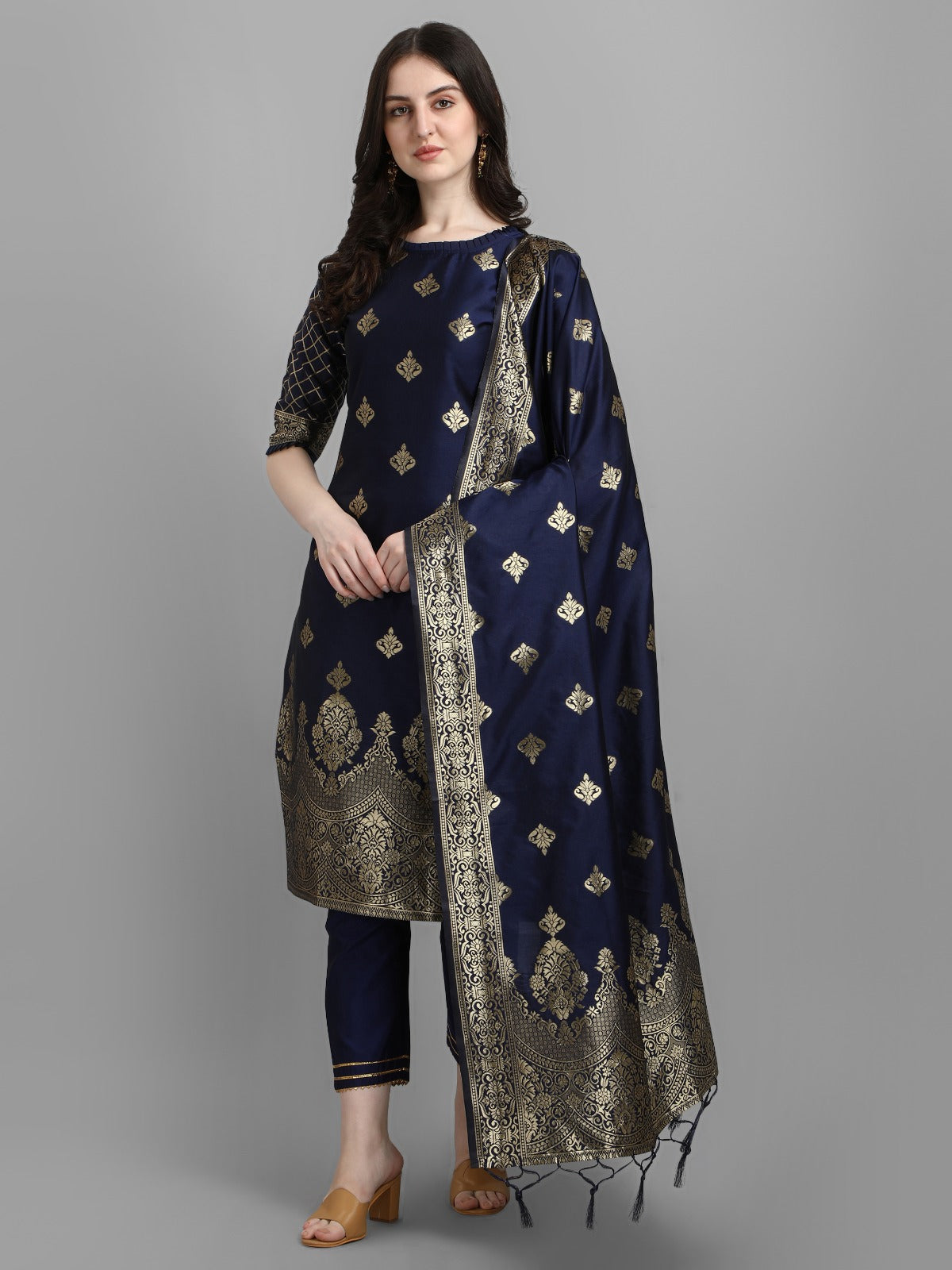 Cotton Silk Kurta Pant Set with Banarasi Silk Dupatta