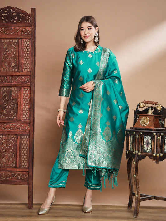 Cotton Silk Kurta Pant Set with Banarasi Silk Dupatta