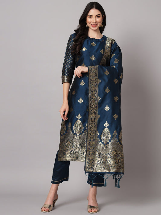 Cotton Silk Kurta Pant Set with Banarasi Silk Dupatta