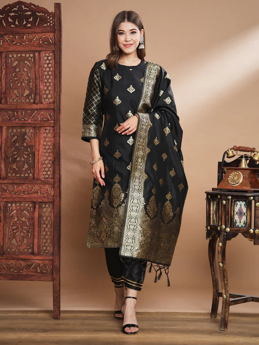 Cotton Silk Kurta Pant Set with Banarasi Silk Dupatta