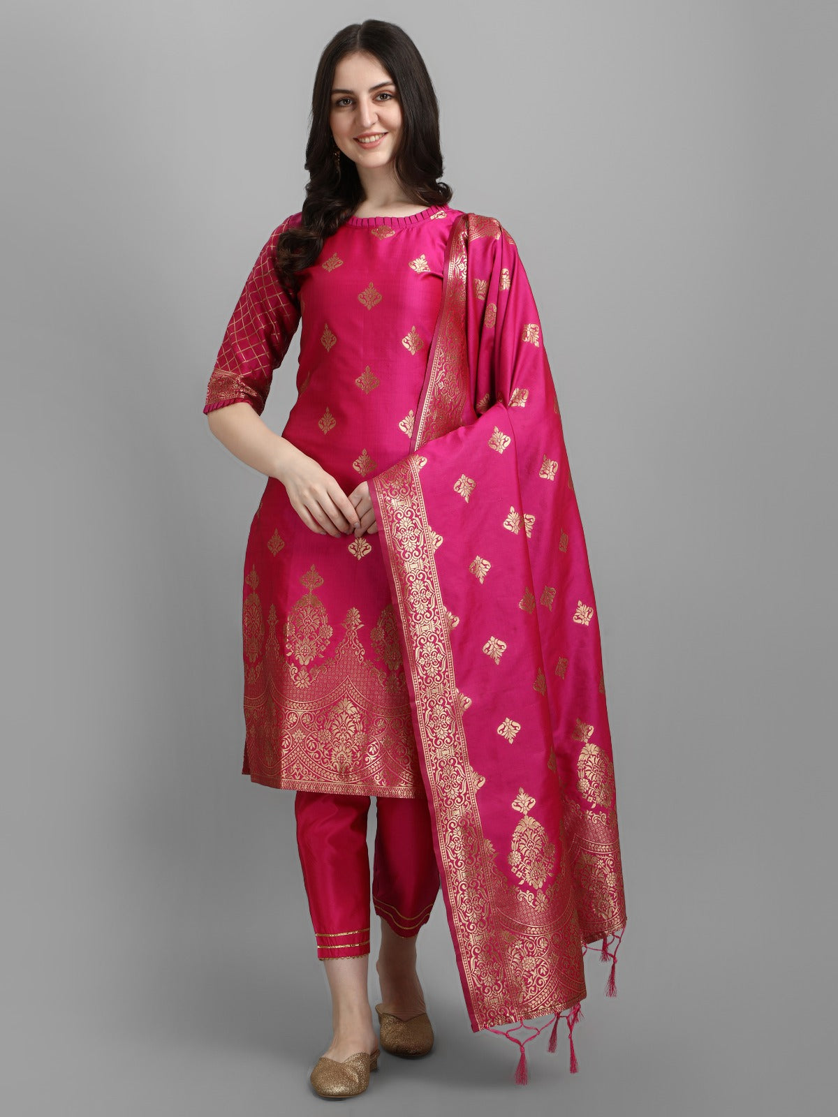 Cotton Silk Kurta Pant Set with Banarasi Silk Dupatta