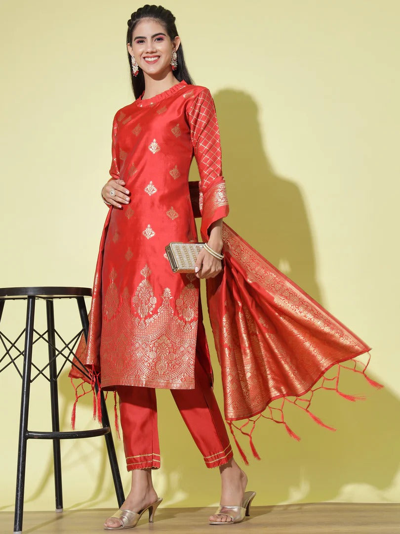 Cotton Silk Kurta Pant Set with Banarasi Silk Dupatta