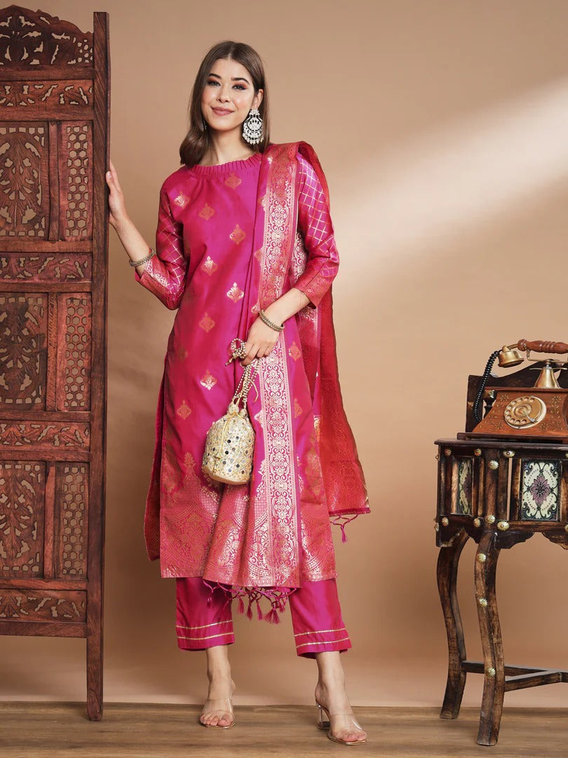 Cotton Silk Kurta Pant Set with Banarasi Silk Dupatta