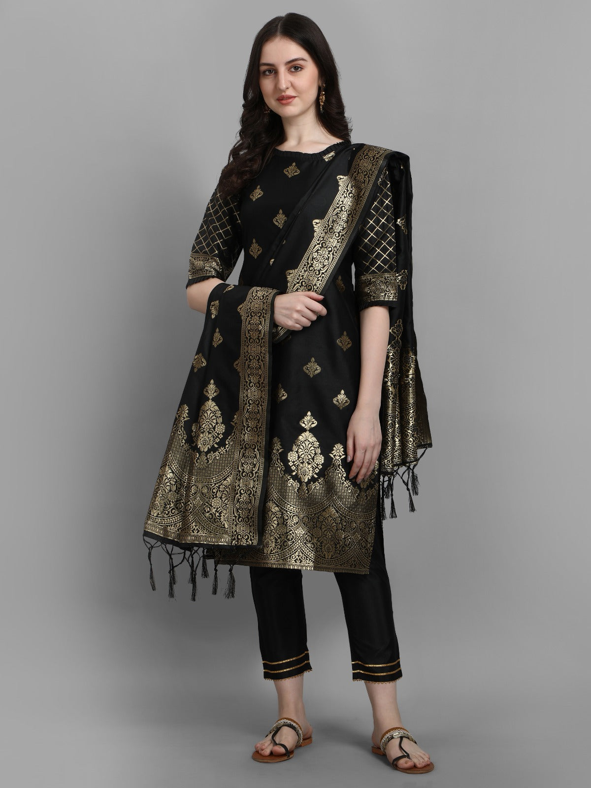 Cotton Silk Kurta Pant Set with Banarasi Silk Dupatta