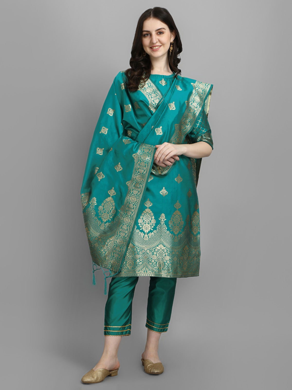 Cotton Silk Kurta Pant Set with Banarasi Silk Dupatta