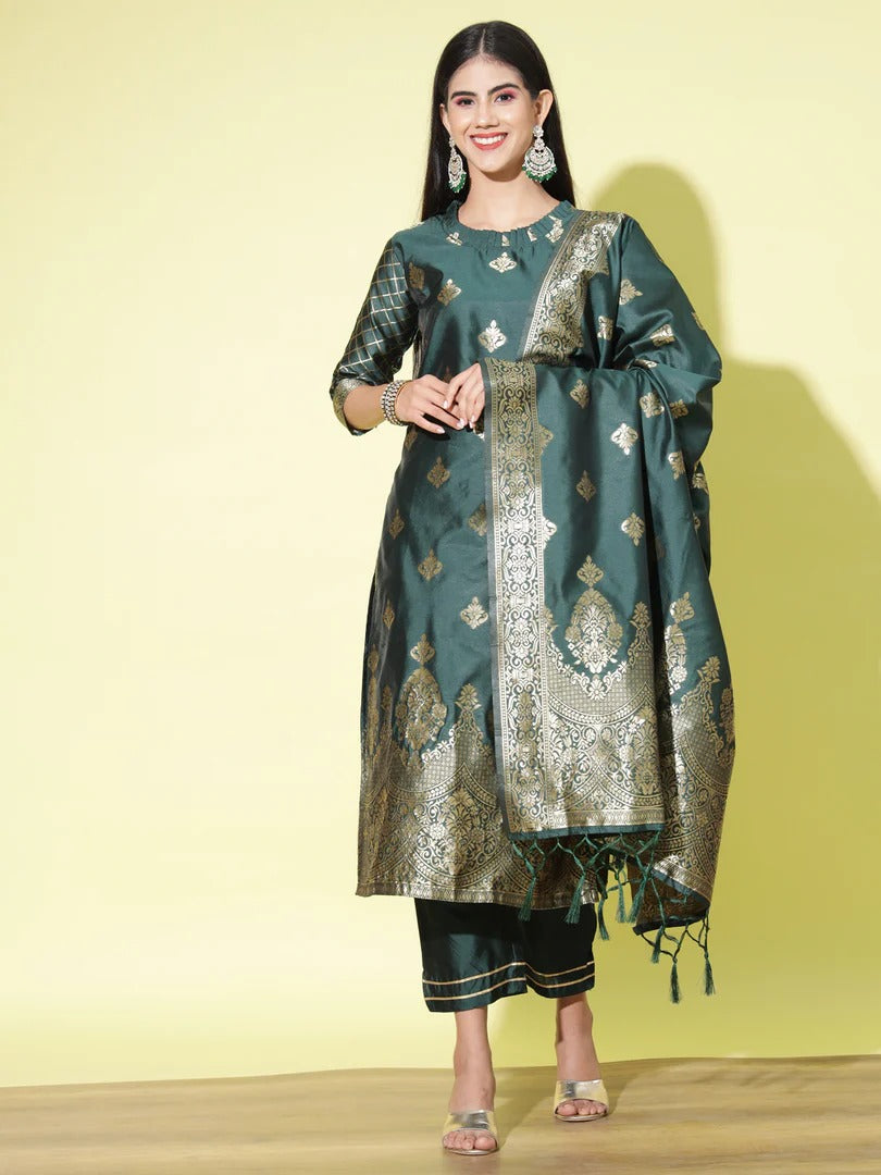 Cotton Silk Kurta Pant Set with Banarasi Silk Dupatta
