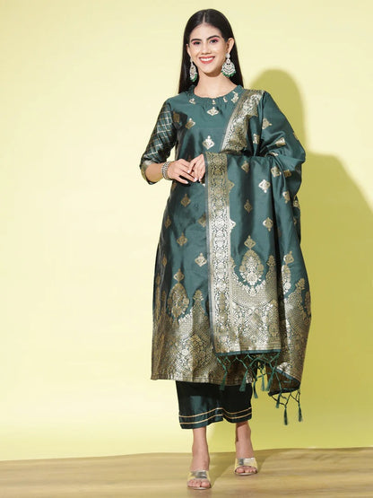 Cotton Silk Kurta Pant Set with Banarasi Silk Dupatta