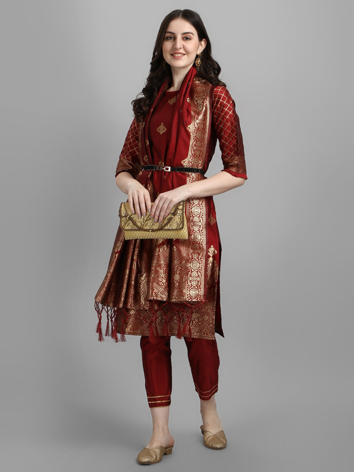 Cotton Silk Kurta Pant Set with Banarasi Silk Dupatta