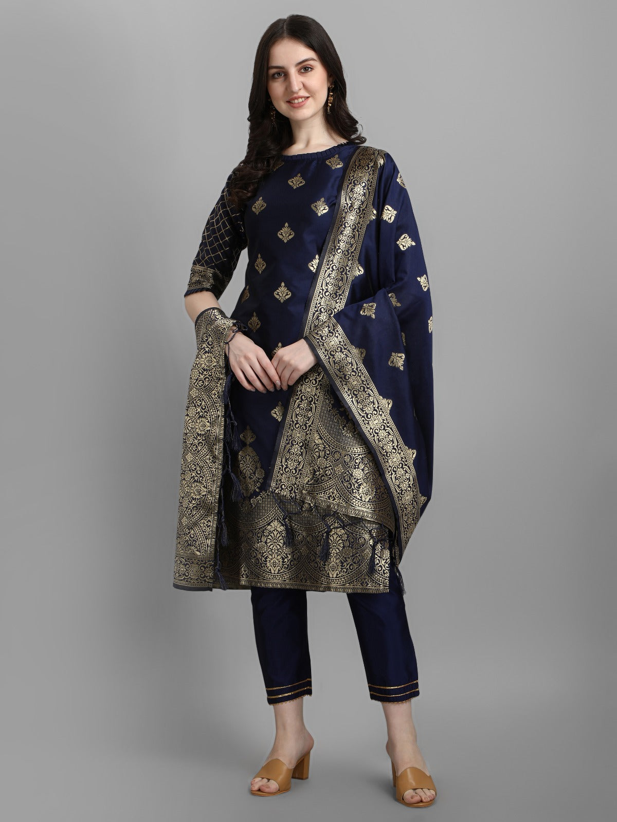 Cotton Silk Kurta Pant Set with Banarasi Silk Dupatta