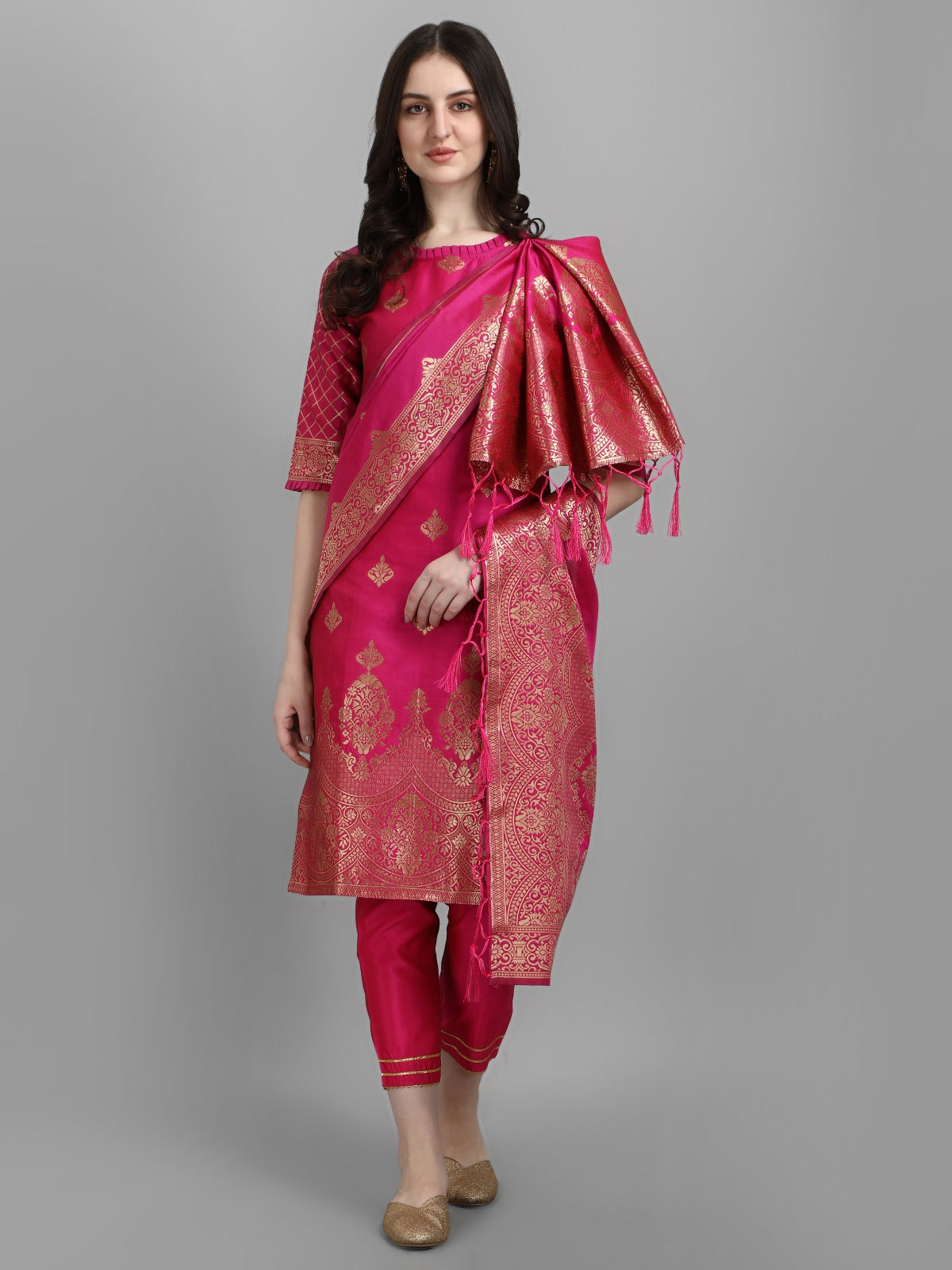 Cotton Silk Kurta Pant Set with Banarasi Silk Dupatta