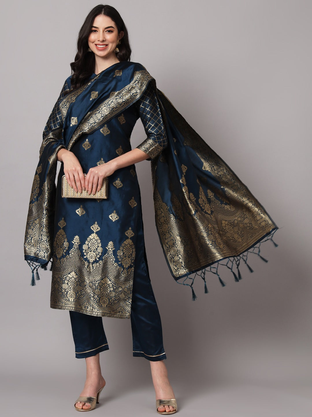 Cotton Silk Kurta Pant Set with Banarasi Silk Dupatta