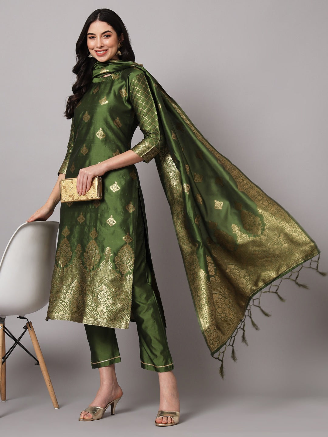 Cotton Silk Kurta Pant Set with Banarasi Silk Dupatta