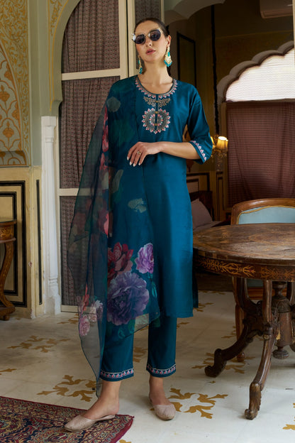 Cotton Silk Kurta Pant Set with Organza Dupatta | 3-Piece