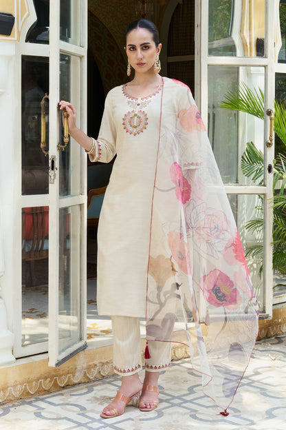 Cotton Silk Kurta Pant Set with Organza Dupatta | 3-Piece