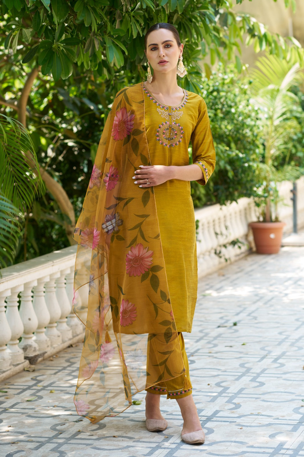 Cotton Silk Kurta Pant Set with Organza Dupatta | 3-Piece