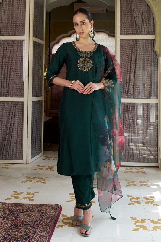 Cotton Silk Kurta Pant Set with Organza Dupatta | 3-Piece