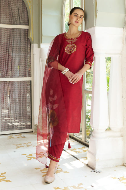 Cotton Silk Kurta Pant Set with Organza Dupatta | 3-Piece