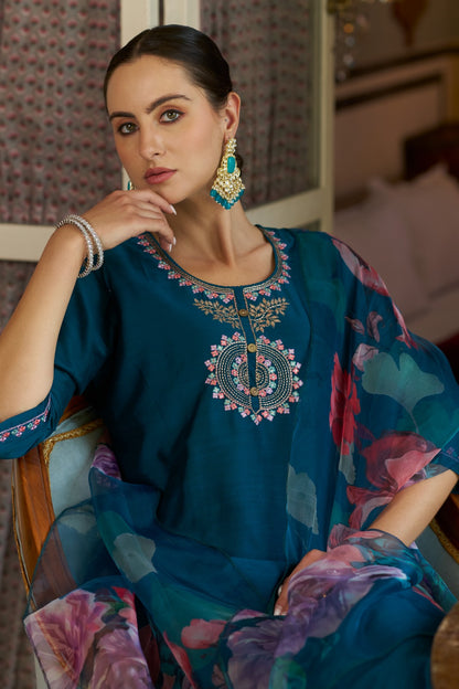 Cotton Silk Kurta Pant Set with Organza Dupatta | 3-Piece