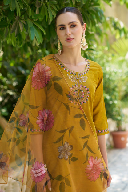 Cotton Silk Kurta Pant Set with Organza Dupatta | 3-Piece