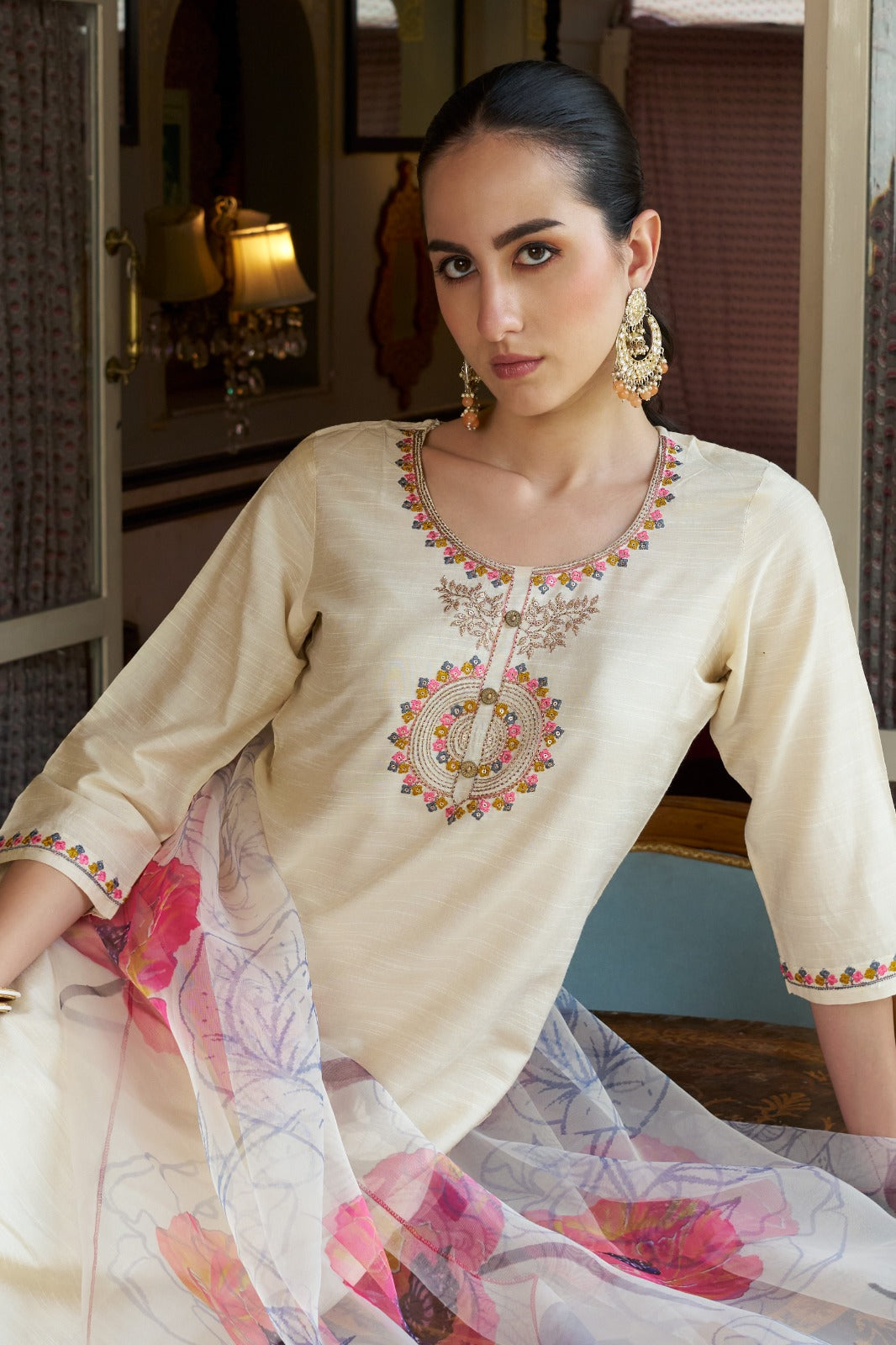 Cotton Silk Kurta Pant Set with Organza Dupatta | 3-Piece