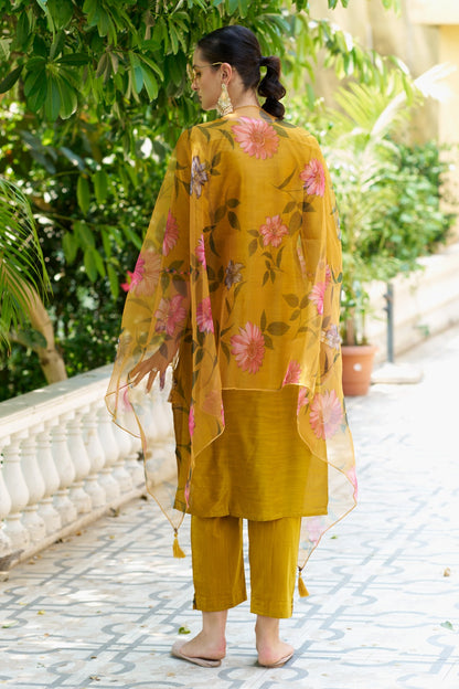 Cotton Silk Kurta Pant Set with Organza Dupatta | 3-Piece