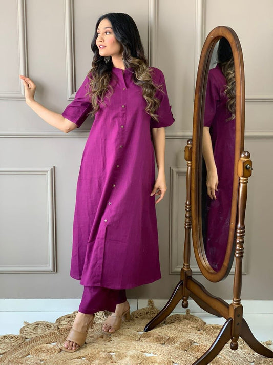 Cotton Slub A-Line Kurti Co-Ord Set with Ankle-Length Plazo