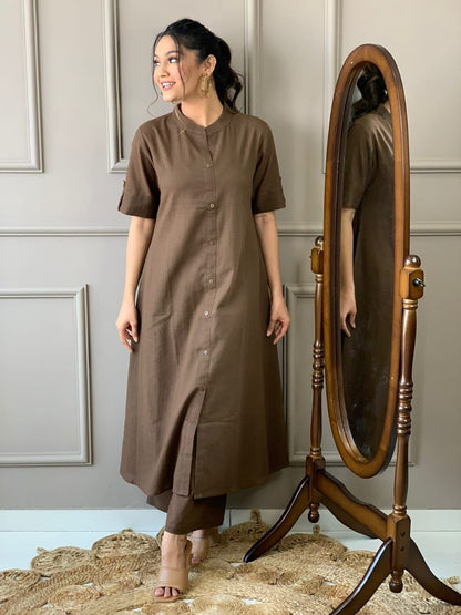 Cotton Slub A-Line Kurti Co-Ord Set with Ankle-Length Plazo