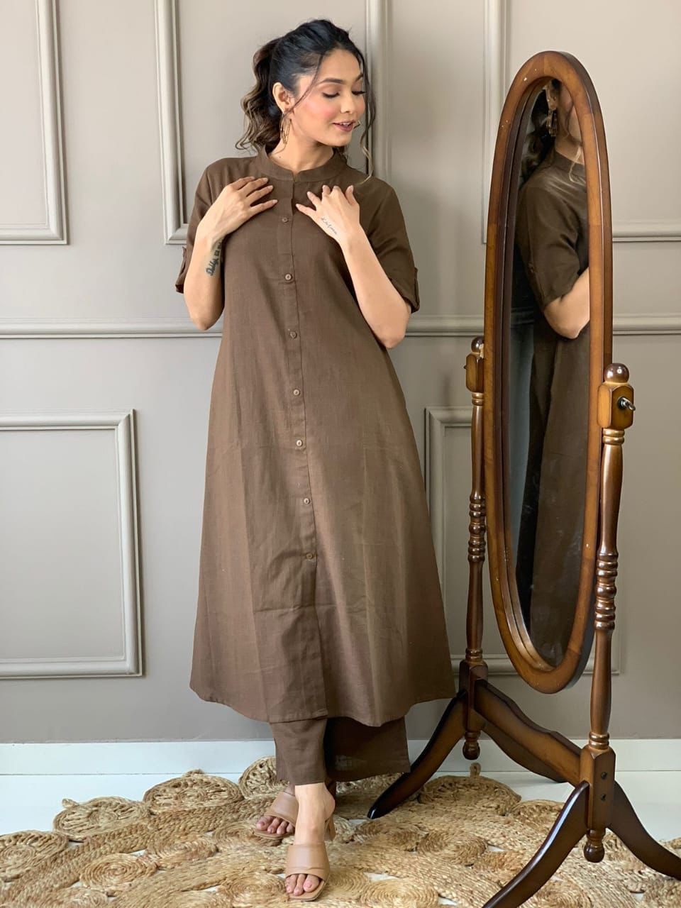 Cotton Slub A-Line Kurti Co-Ord Set with Ankle-Length Plazo