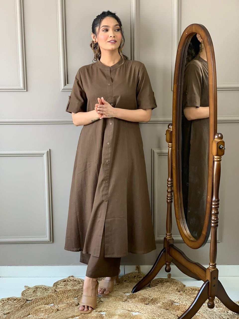 Cotton Slub A-Line Kurti Co-Ord Set with Ankle-Length Plazo