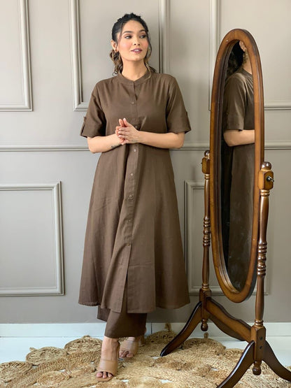 Cotton Slub A-Line Kurti Co-Ord Set with Ankle-Length Plazo