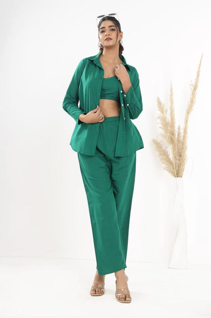 Cotton Slub Co-ord Set – Inner Top, Openable Shirt & Pocket Pant | Dai Fabric Work