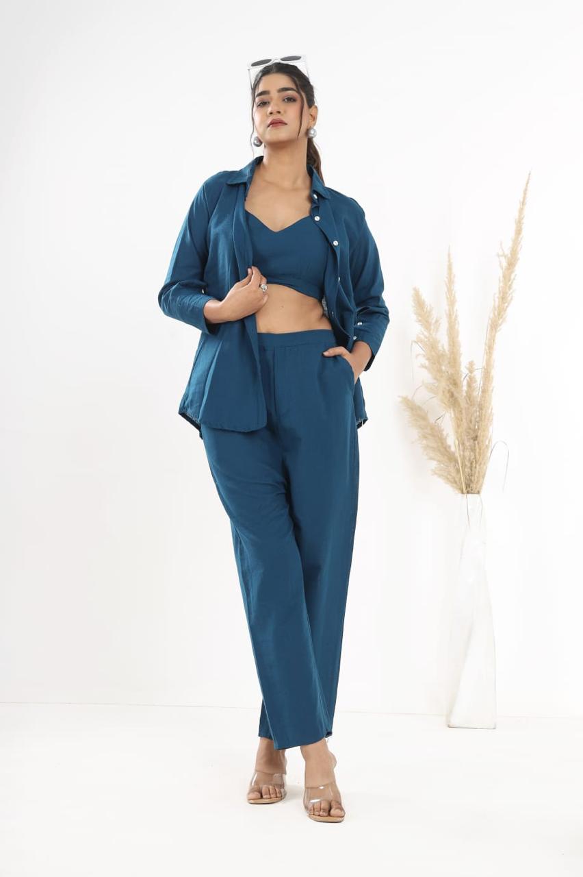 Cotton Slub Co-ord Set – Inner Top, Openable Shirt & Pocket Pant | Dai Fabric Work