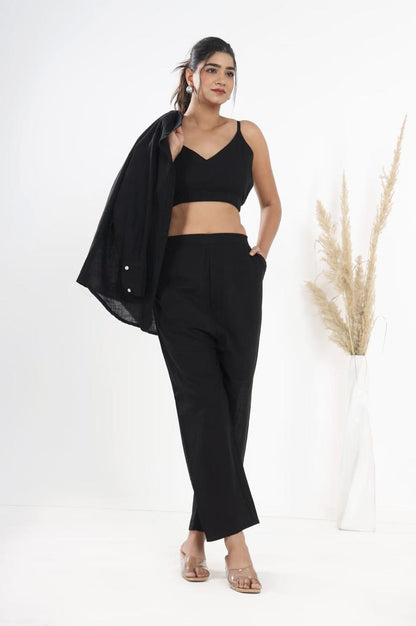 Cotton Slub Co-ord Set – Inner Top, Openable Shirt & Pocket Pant | Dai Fabric Work