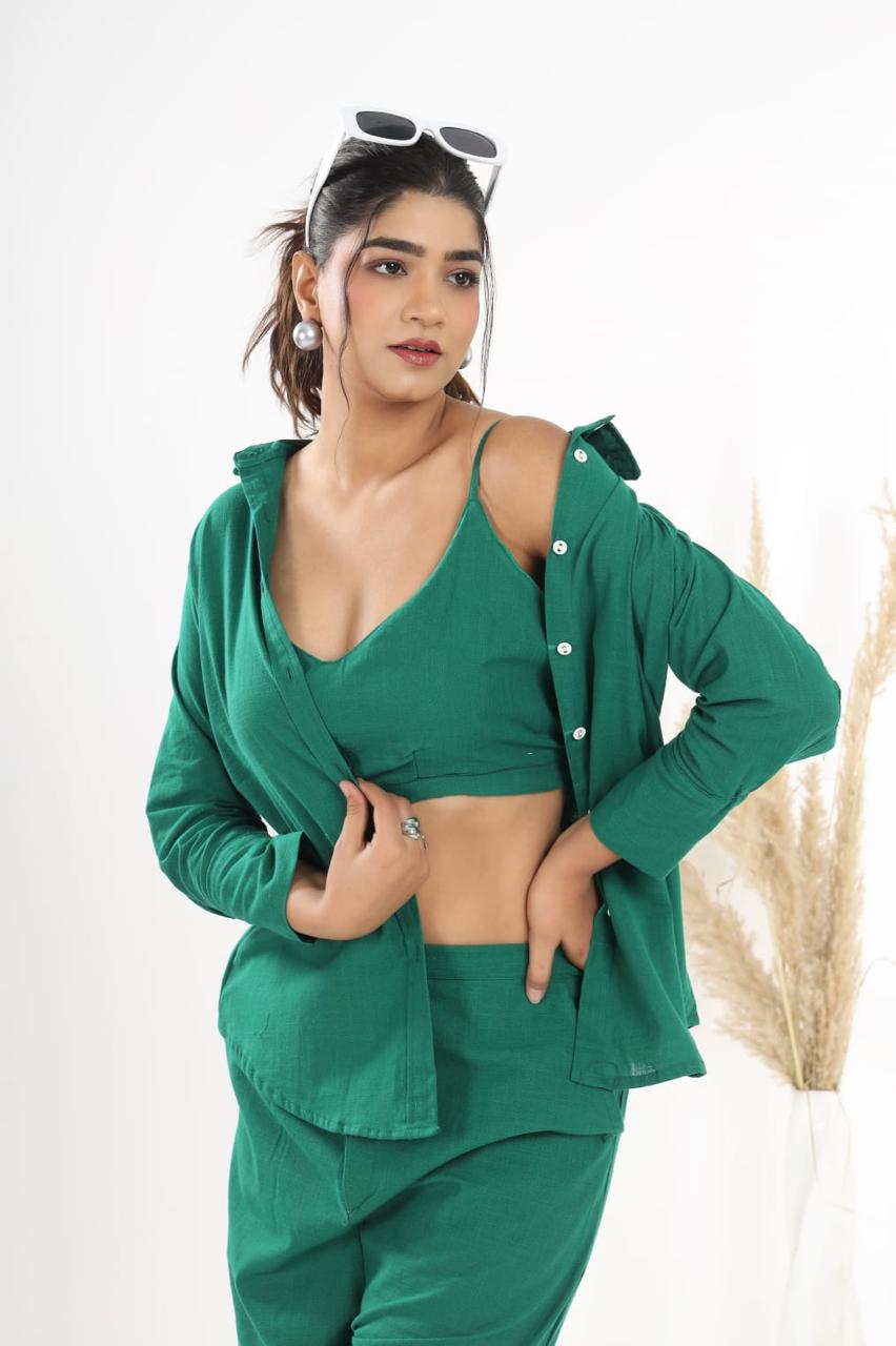 Cotton Slub Co-ord Set – Inner Top, Openable Shirt & Pocket Pant | Dai Fabric Work