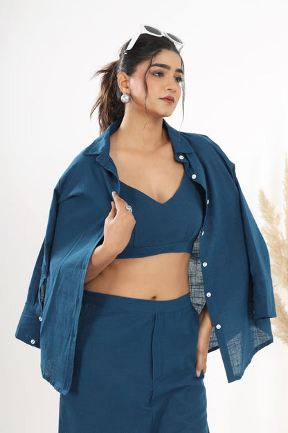 Cotton Slub Co-ord Set – Inner Top, Openable Shirt & Pocket Pant | Dai Fabric Work