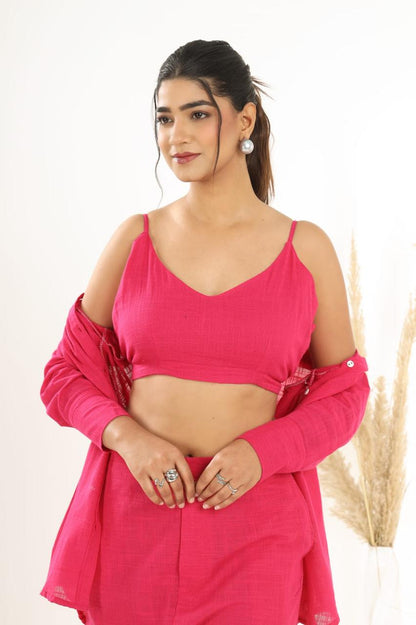 Cotton Slub Co-ord Set – Inner Top, Openable Shirt & Pocket Pant | Dai Fabric Work