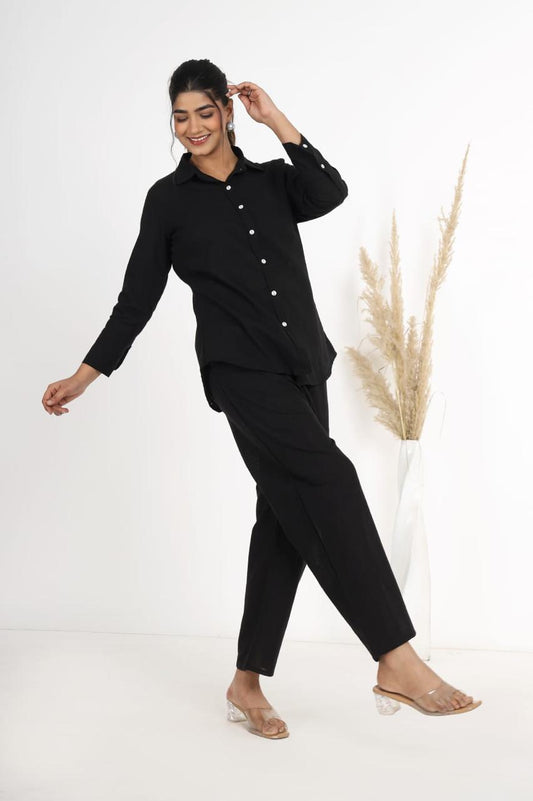 Cotton Slub Co-ord Set – Inner Top, Openable Shirt & Pocket Pant | Dai Fabric Work