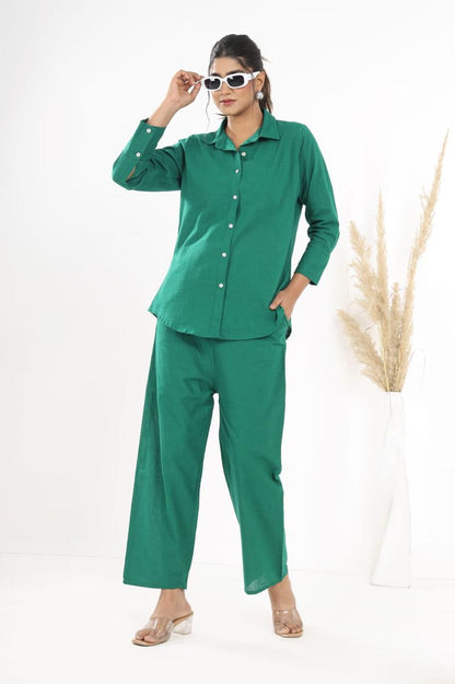 Cotton Slub Co-ord Set – Inner Top, Openable Shirt & Pocket Pant | Dai Fabric Work
