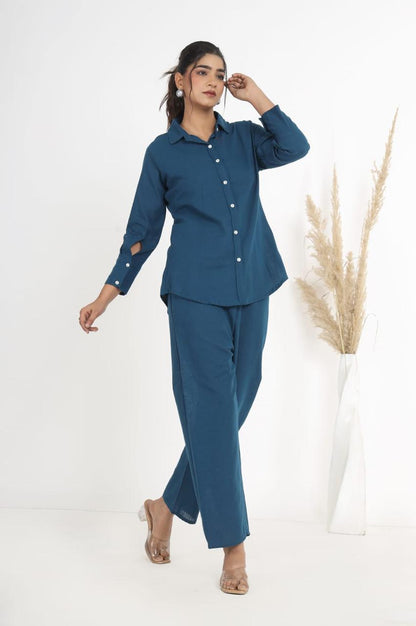 Cotton Slub Co-ord Set – Inner Top, Openable Shirt & Pocket Pant | Dai Fabric Work