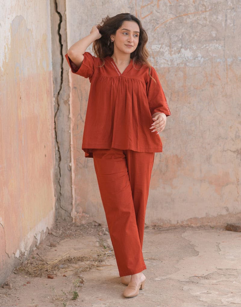 Cotton Slub Co-ord Set with Top & Straight Pant