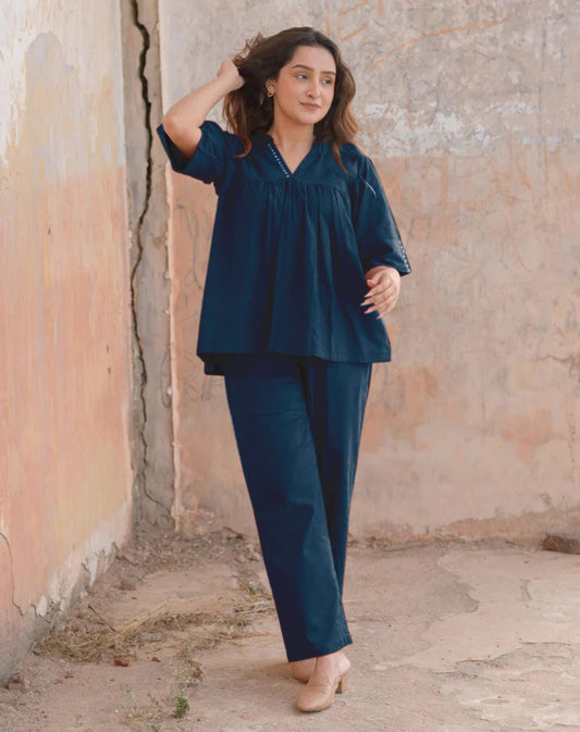 Cotton Slub Co-ord Set with Top & Straight Pant