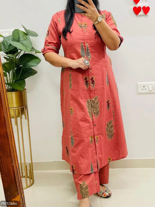 Cotton Slub Digital Print Kurti Co-ord Set with Ankle Pant