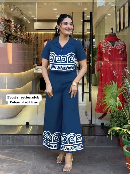 Cotton Slub Embroidered Co-ord Set for Women | Top & Palazzo with Side Pocket