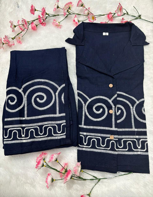 Cotton Slub Embroidered Co-ord Set for Women | Top & Palazzo with Side Pocket
